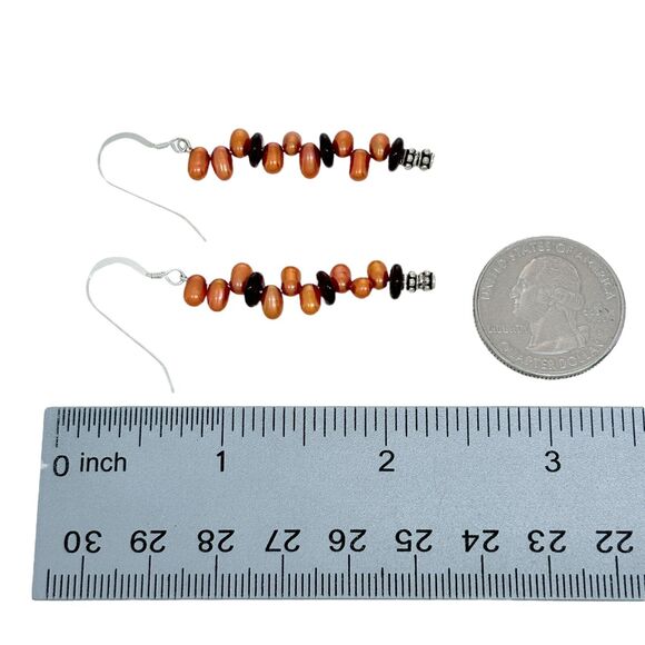 Vintage Sterling Silver 925 Orange Pearl Glass Beaded Dangle Earrings - Picture 4 of 5